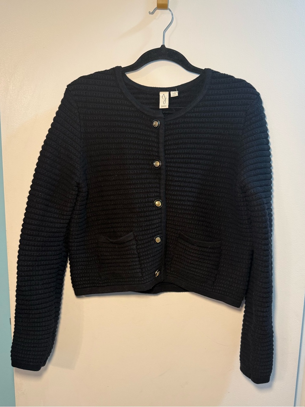 Joie Black Knit Cardigan Sweater Button Front Crew Neck Pockets Size L